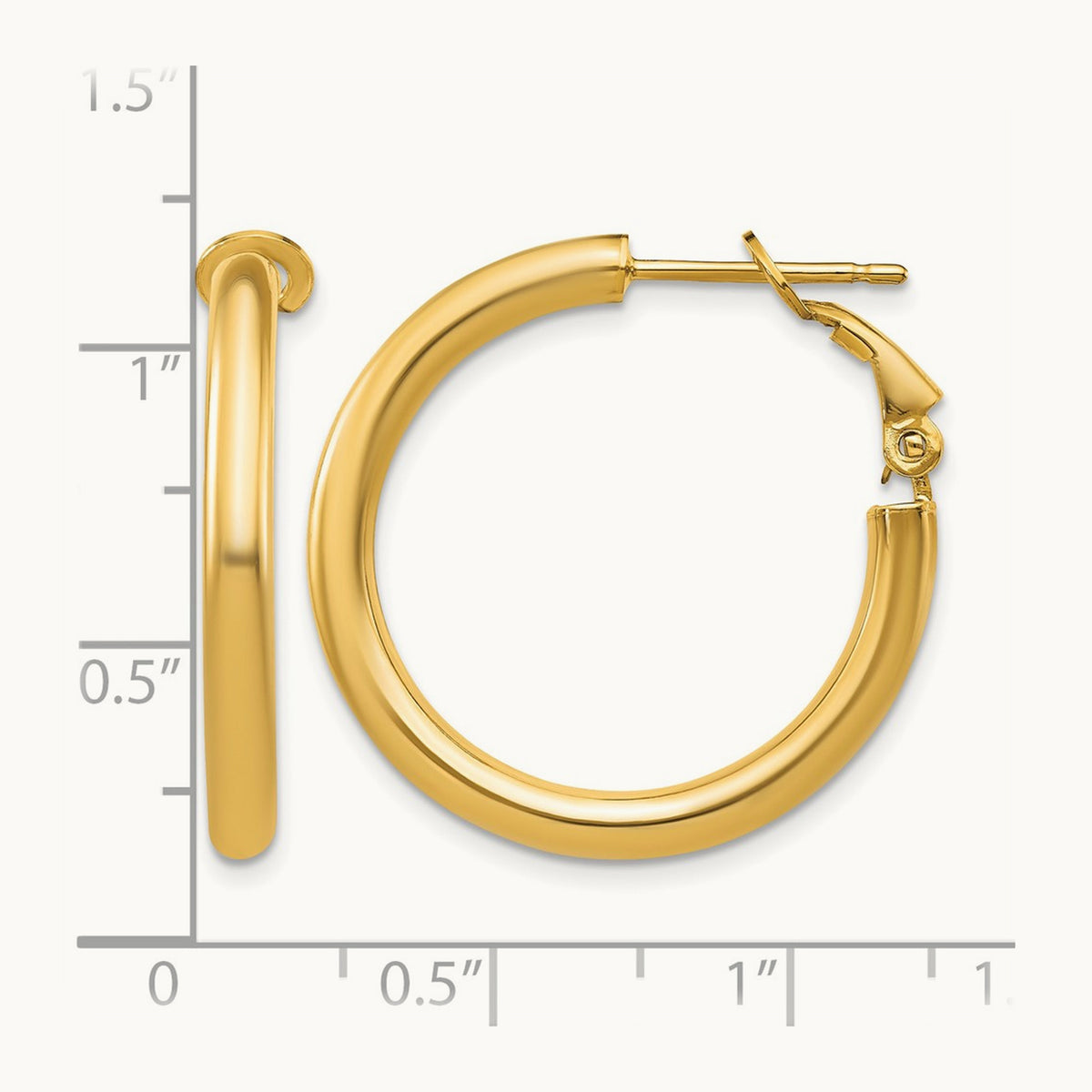 Polished Round Omega Back Hoop Earrings — 14K Yellow Gold, 3x25mm