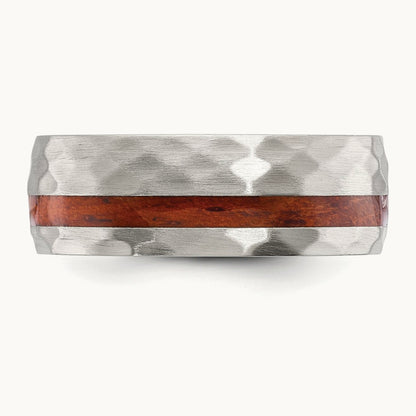 Brushed and Hammered with Wood Inlay Band, 8mm, Stainless Steel