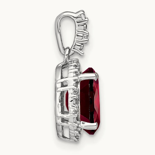 Oval Garnet and Diamond Halo Pendant, 14K White Gold