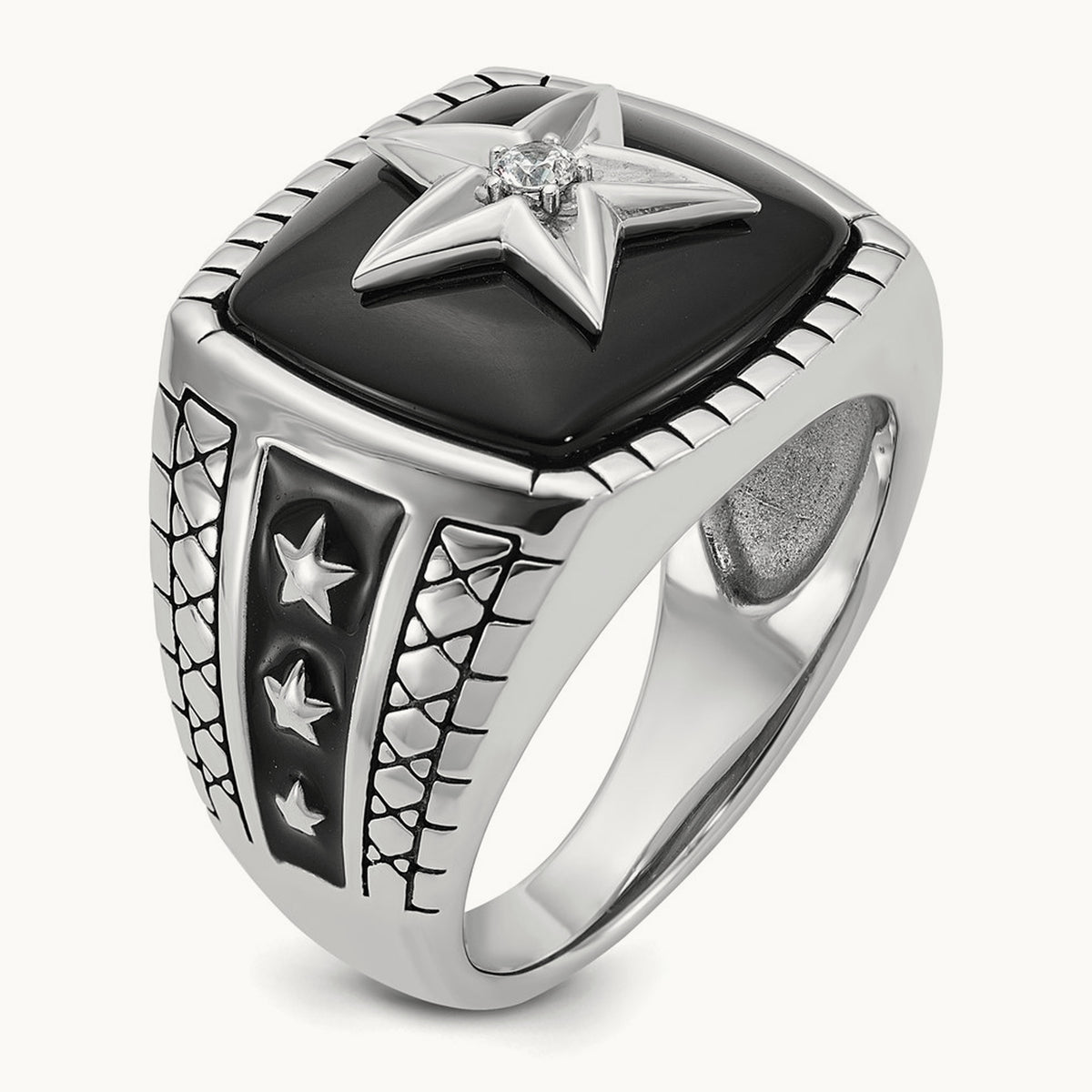 IBGoodman Men's Antiqued Onyx and Diamond Complete Ring, 14K White Gold