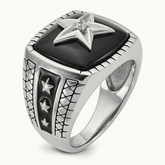 IBGoodman Men's Antiqued Onyx and Diamond Complete Ring, 14K White Gold