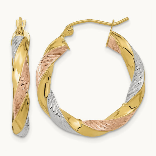 w/ White/Rose RH Polished & D/C Twist Hoop Earrings, 14K