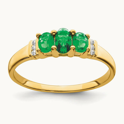Polished Triple Emerald and Diamond 3-stone Ring, 14K