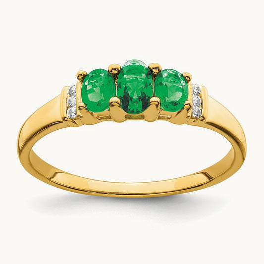 Polished Triple Emerald and Diamond 3-stone Ring, 14K