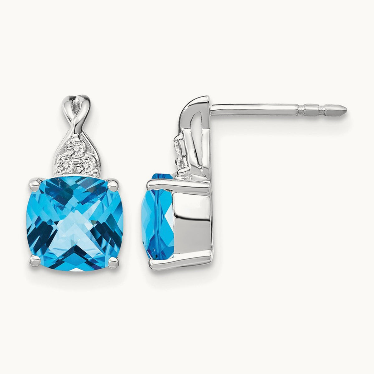 Checkerboard Blue Topaz and Diamond Earrings — 14K White Gold