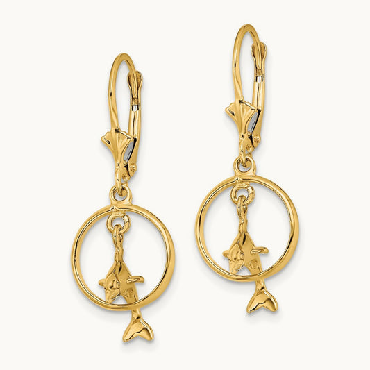 3-D Dolphin Jumping Through Hoop Leverback Earrings, 14K