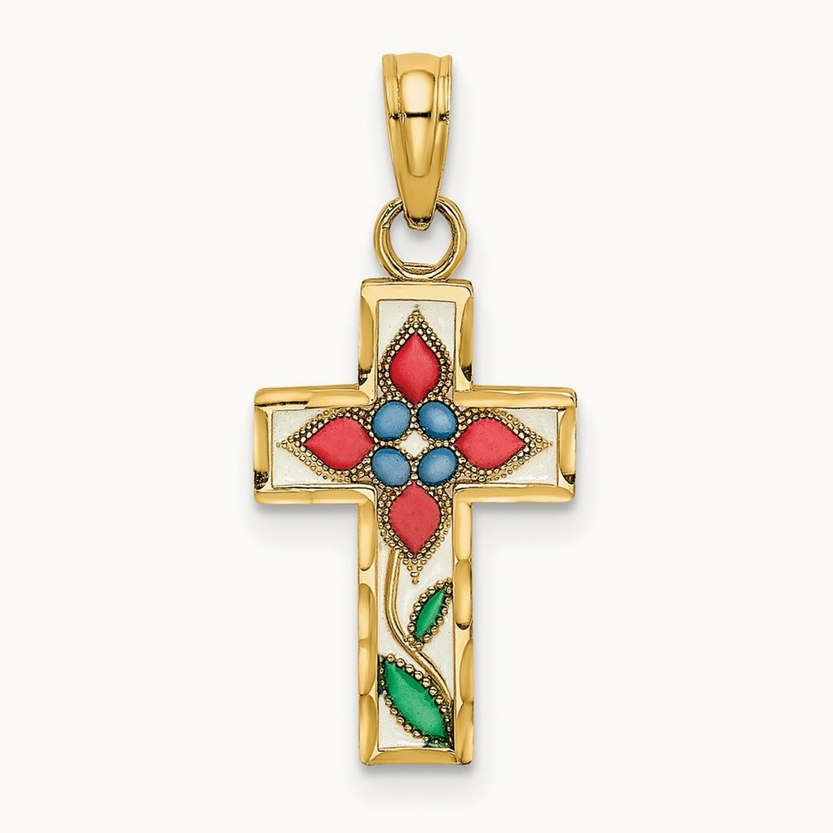 Enameled W/ Flower Cross Charm, 14K