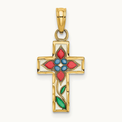 Enameled W/ Flower Cross Charm, 14K