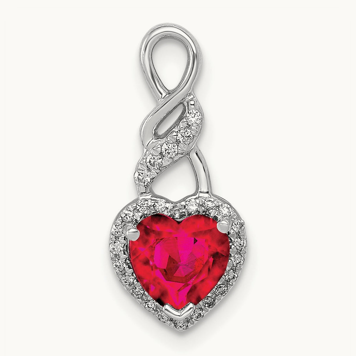 Diamond and Ruby Heart Chain Slide, 14K White Gold