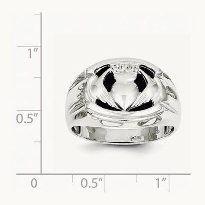 AA Diamond and Onyx Mens Claddagh Ring, 14K White Gold
