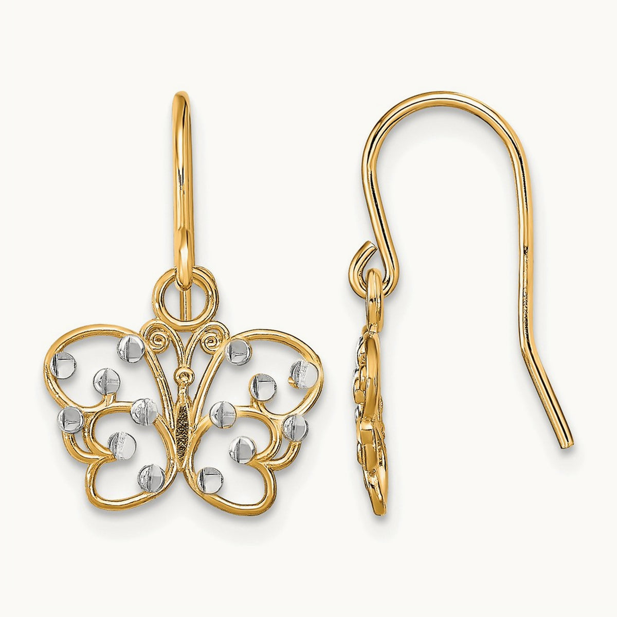 w/ Rhodium D/C Butterfly Wire Earrings, 14K