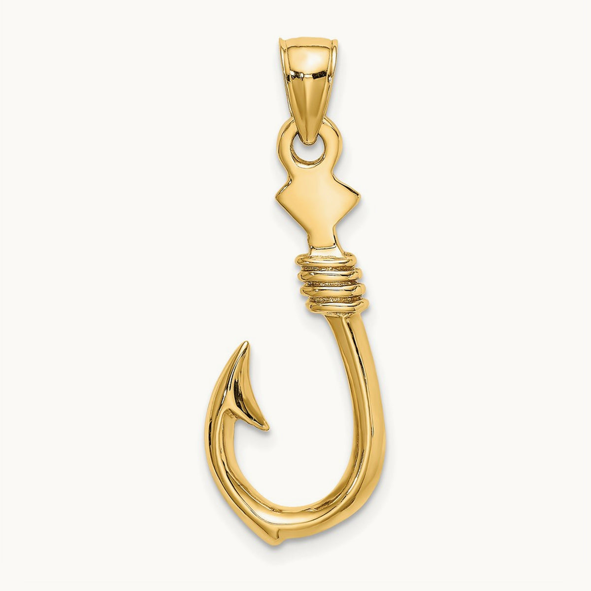 3-D Large Fish Hook with Rope Charm — 14K Yellow Gold
