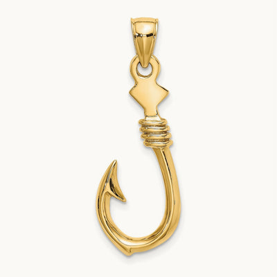 3-D Large Fish Hook with Rope Charm — 14K Yellow Gold