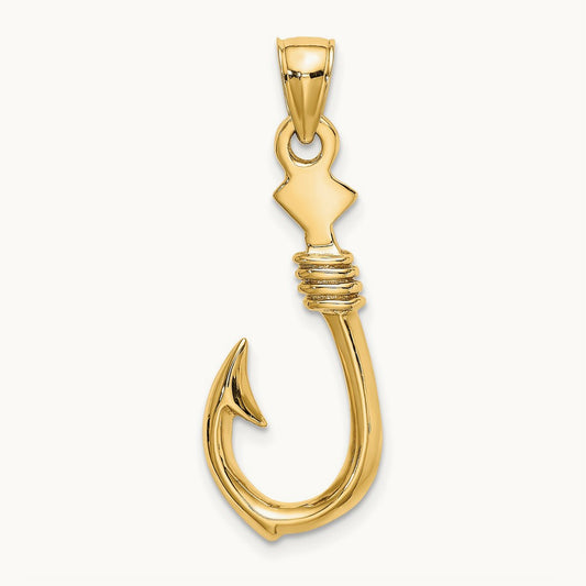 3-D Large Fish Hook with Rope Charm — 14K Yellow Gold