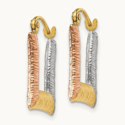 & White & Rose Rhodium Hollow Textured Square Hoop Earrings, 14K