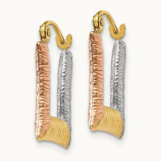 & White & Rose Rhodium Hollow Textured Square Hoop Earrings, 14K