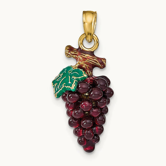3-D ENAMEL PURPLE GRAPES W/STEM & LEAF, 14K