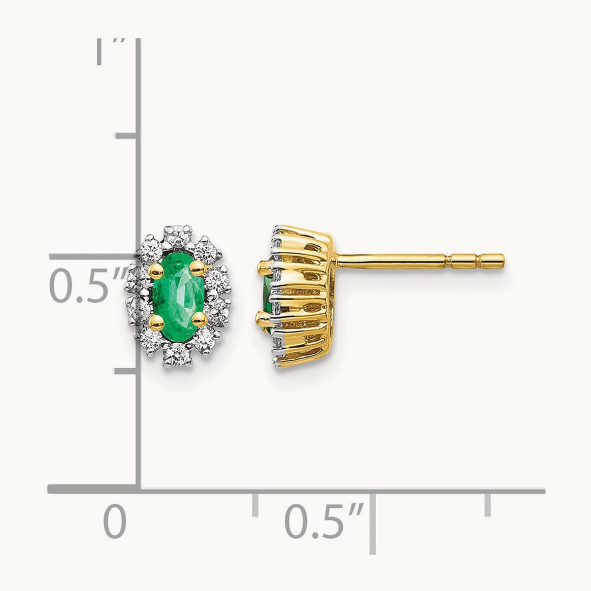 Diamond and Emerald Oval Halo Earrings — 14K Yellow Gold
