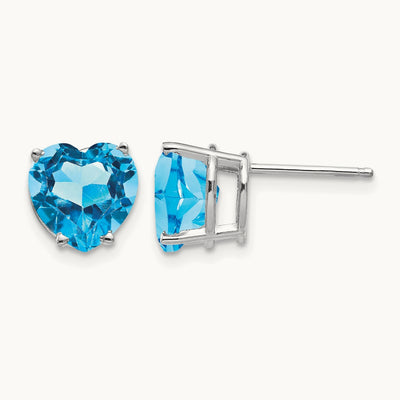 Blue Topaz Heart Post Earrings, 8mm, 14K White Gold