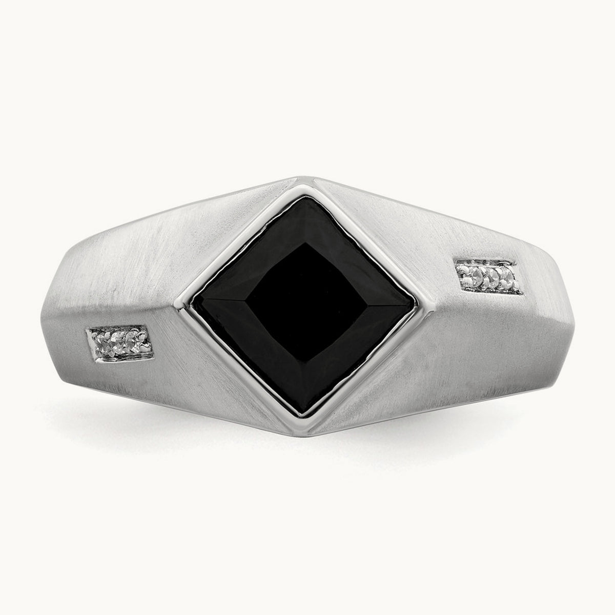 Onyx and Diamond Satin Men's Ring — 14K White Gold