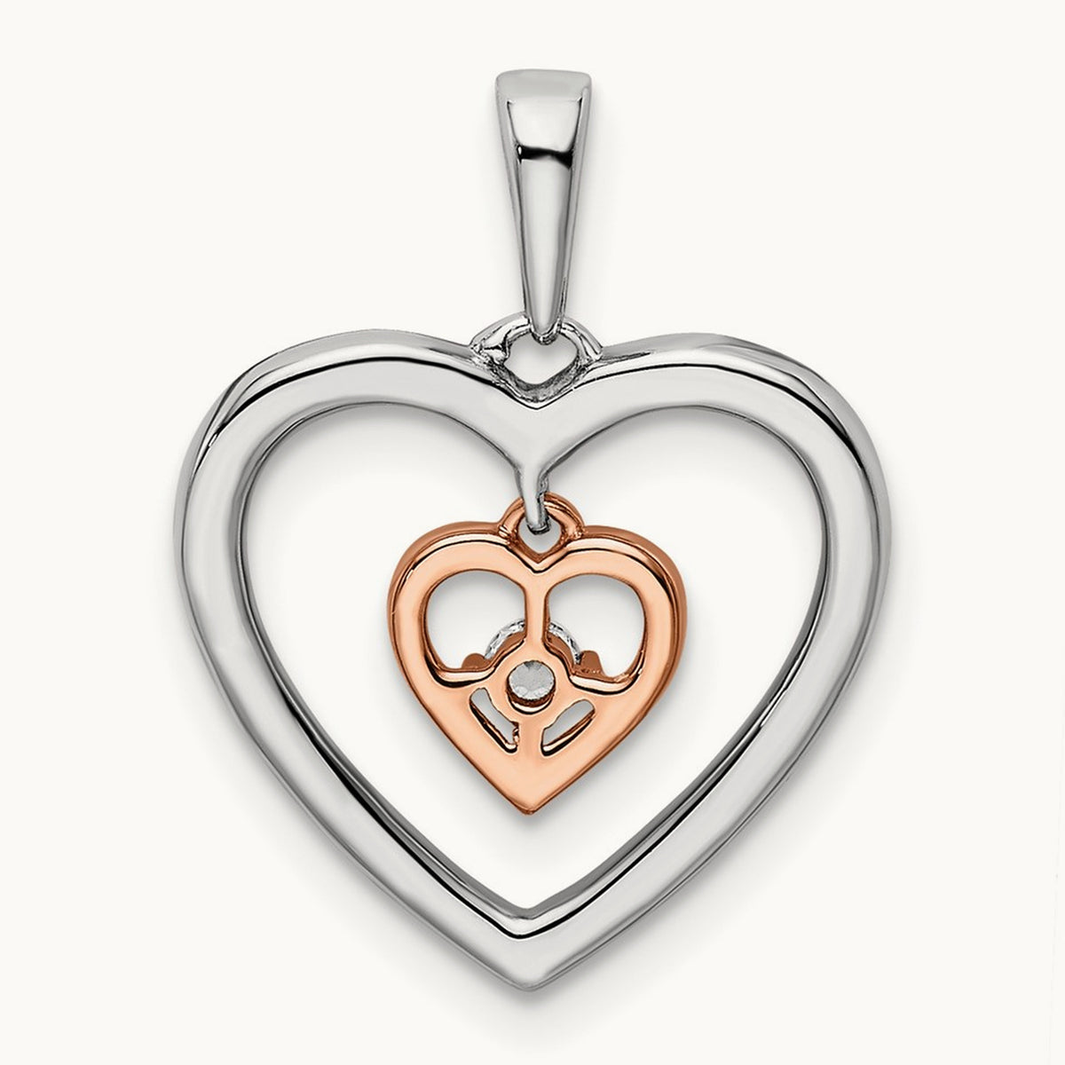Double Heart Diamond Pendant, 14K Two-tone White with Rose