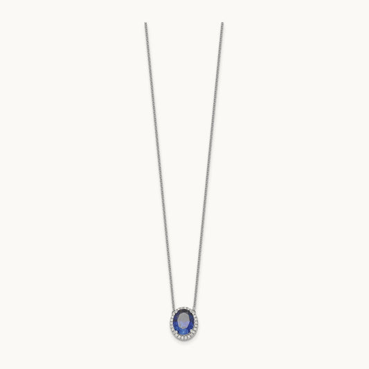 Oval Created Sapphire/Diamond 18in. Halo Necklace, 14K White Gold