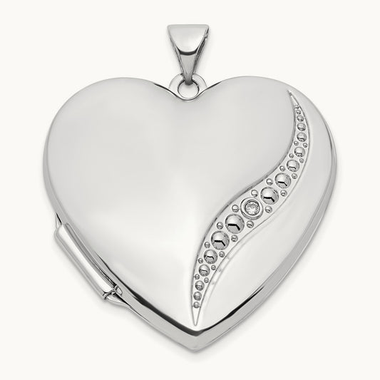 Wave Diamond Heart Locket, 27mm, 14K White Gold