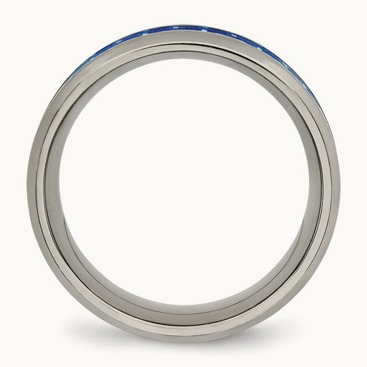 Polished with Blue/White Carbon Fiber Inlay Ring, 8mm, Titanium
