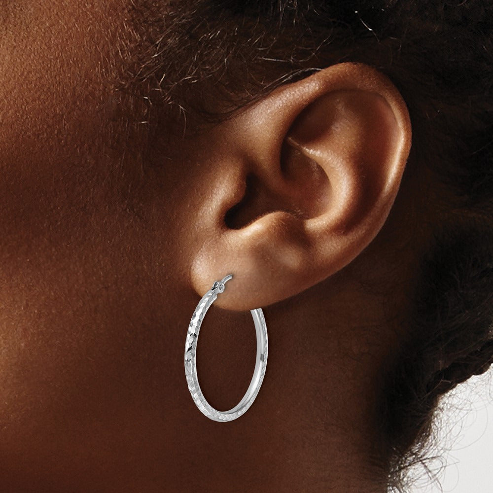 Diamond-cut Round Tube Hoop Earrings — 10K White Gold
