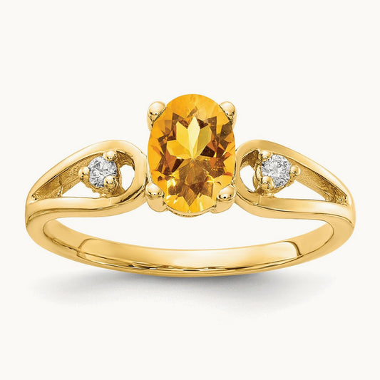 7x5mm Oval Citrine AA Diamond ring, 14K