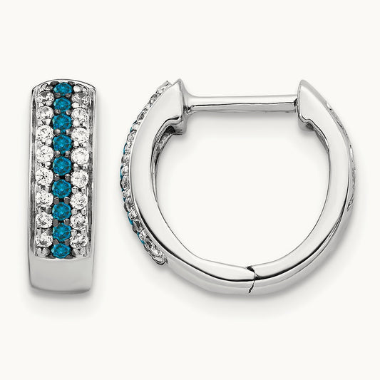 Blue and White Diamond Hinged Hoop Earrings, 14K White Gold