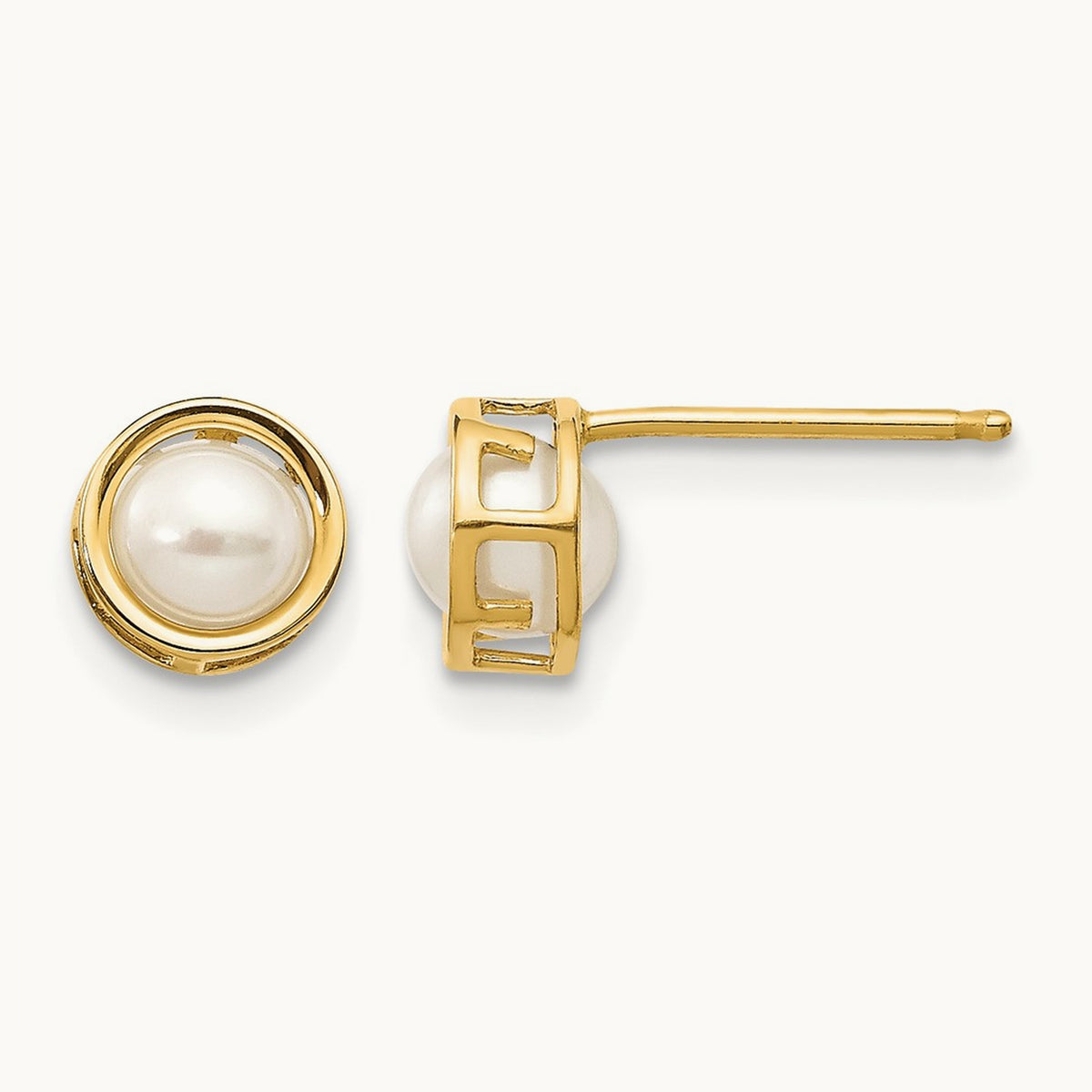 Bezel Freshwater Cultured Pearl Stud Earrings — 14K Yellow Gold, 4.5mm
