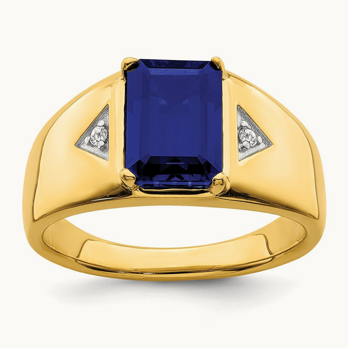 Emerald-cut Created Sapphire and Diamond Polished Mens Ring, 14K