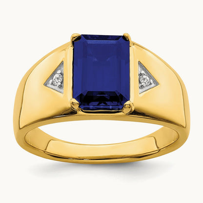 Emerald-cut Created Sapphire and Diamond Polished Mens Ring, 14K