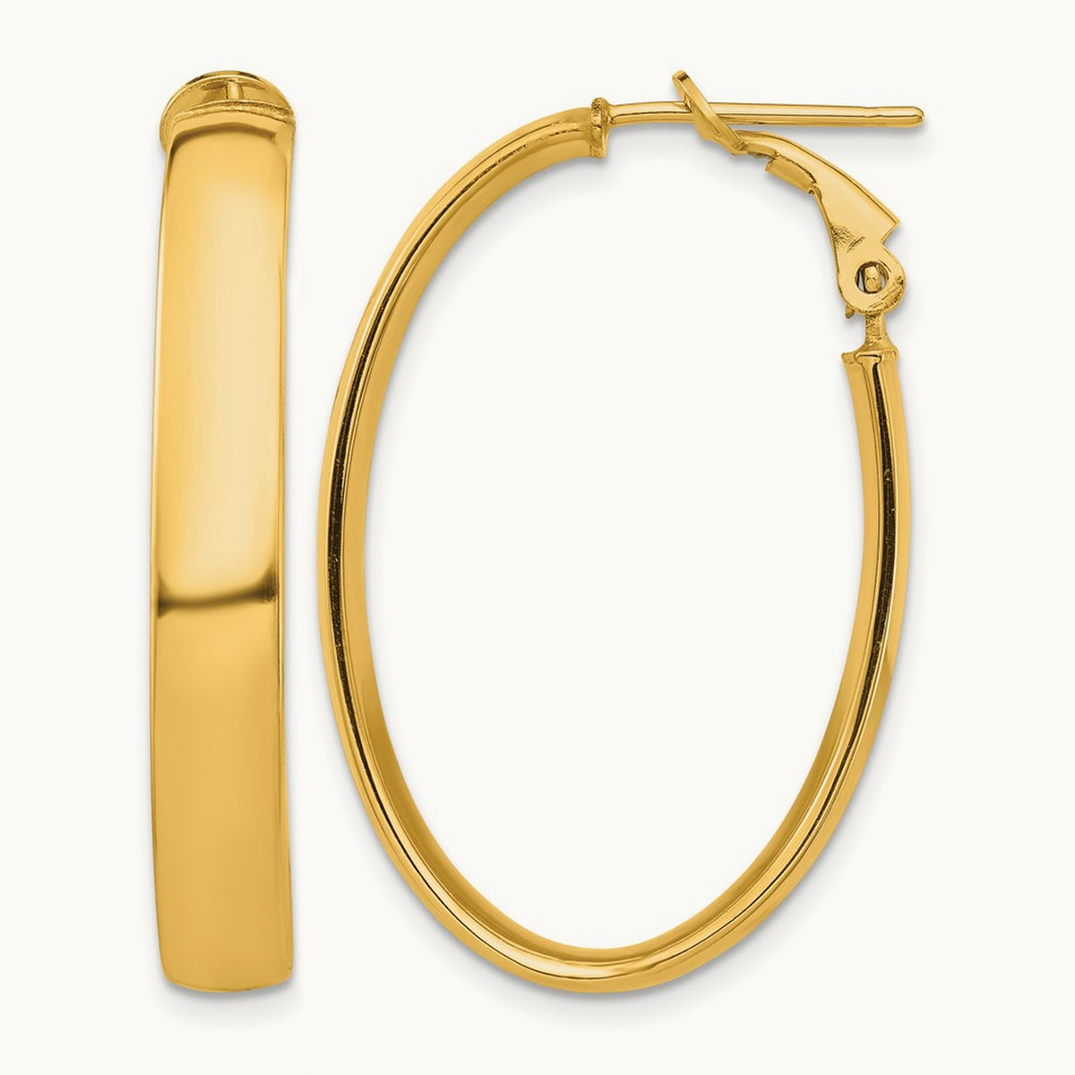 High Polished Oval Omega Back Hoop Earrings — 14K Yellow Gold