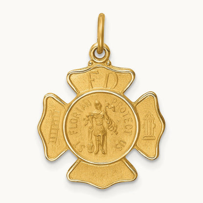 Solid Polished/Satin Small St. Florian Fire Dept. Badge Medal, 14K