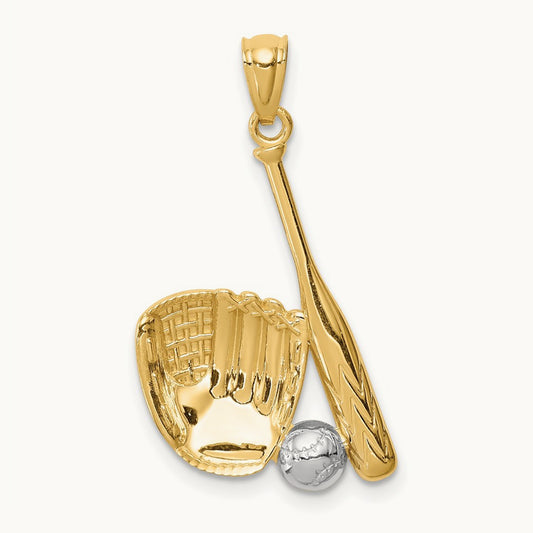 Rhodium Baseball Glove Bat Ball Pendant, 14K White