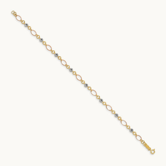 Tri-color Polished Diamond-cut Ovals & Donut Beads Bracelet, 14K