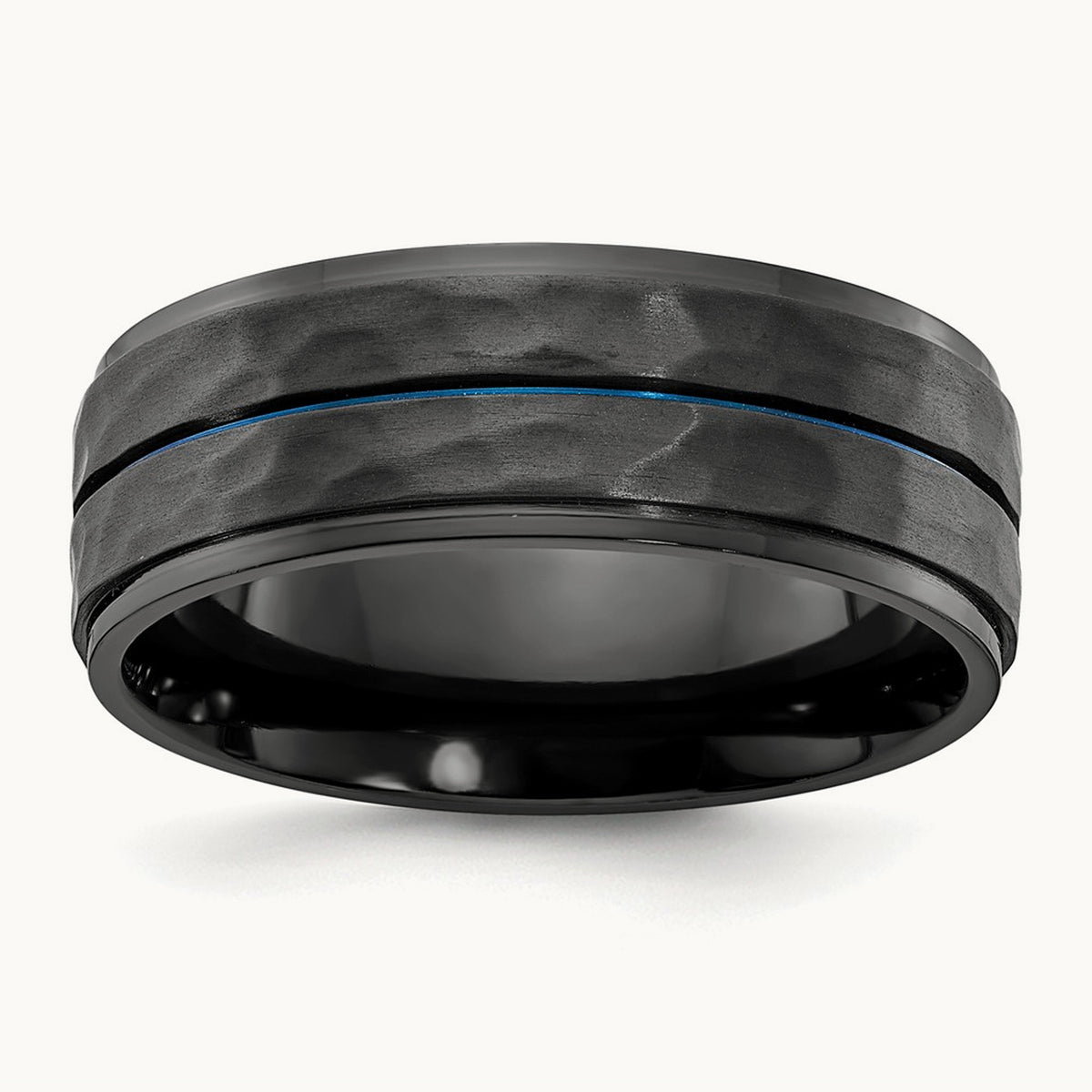 Black Zirconium Brushed Polished & Hammered w/Blue IP Band, 8mm