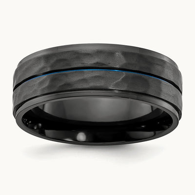 Black Zirconium Brushed Polished & Hammered w/Blue IP Band, 8mm
