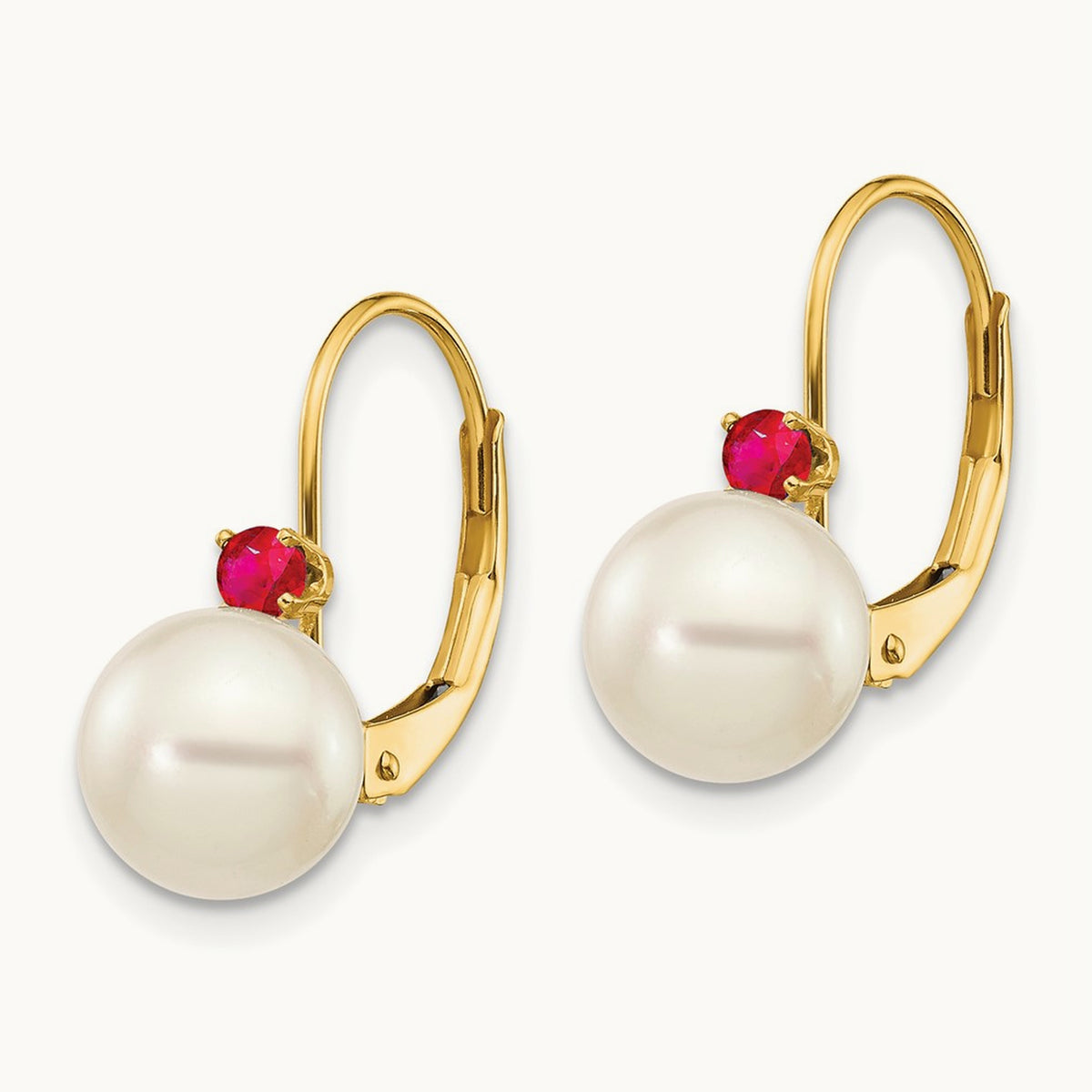 7- White Round FW Cultured Pearl Ruby Leverback Earrings, 7.5mm, 14K