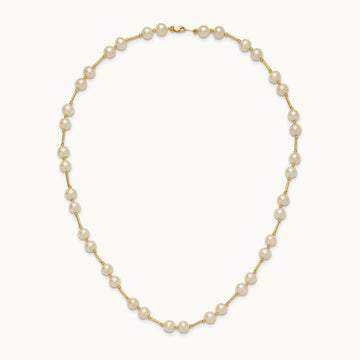 6- White Near Round Freshwater Cultured Pearl Bead Necklace, 7mm, 14K