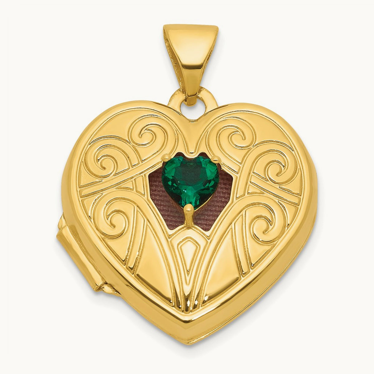 Polished Lab Created Emerald May Birthstone Heart Locket, 18mm, 14K
