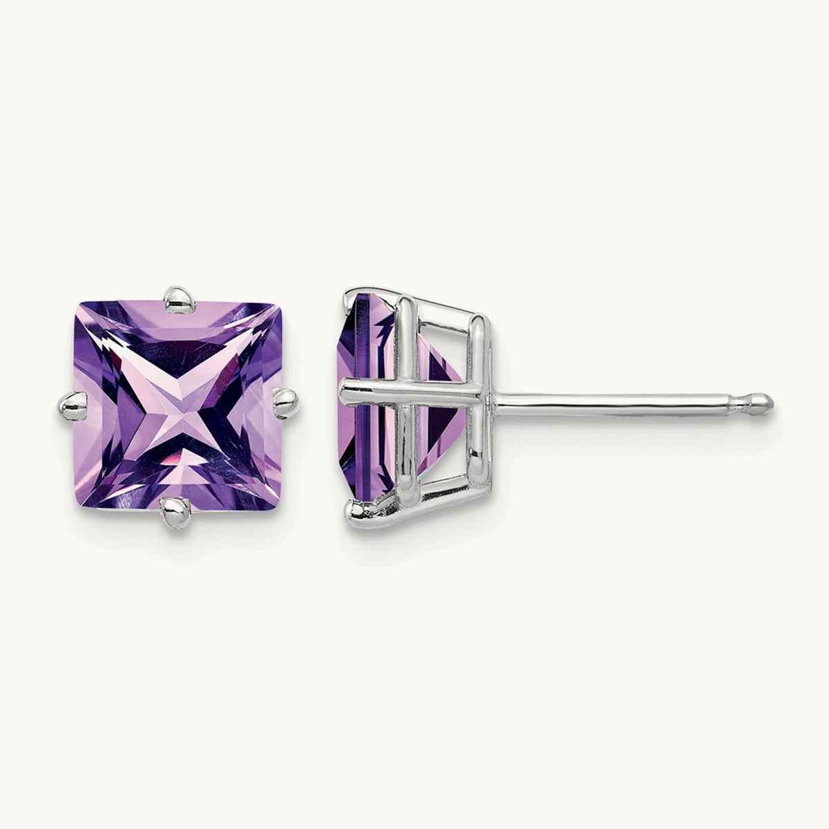 Princess Cut Amethyst Earrings, 7mm, 14K White Gold