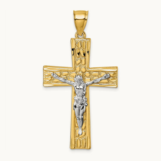 w/Rhodium Polished and Diamond-cut Crucifix Pendant, 14K