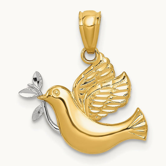 w/Rhodium Polished Dove w/Olive Branch Pendant, 14K