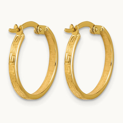 Polished Greek Key Round Hoop Earrings — 16mm