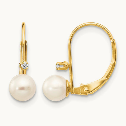 5- Round White FWC Pearl .02 ct. Diamond Leverback Earrings, 6mm, 14K