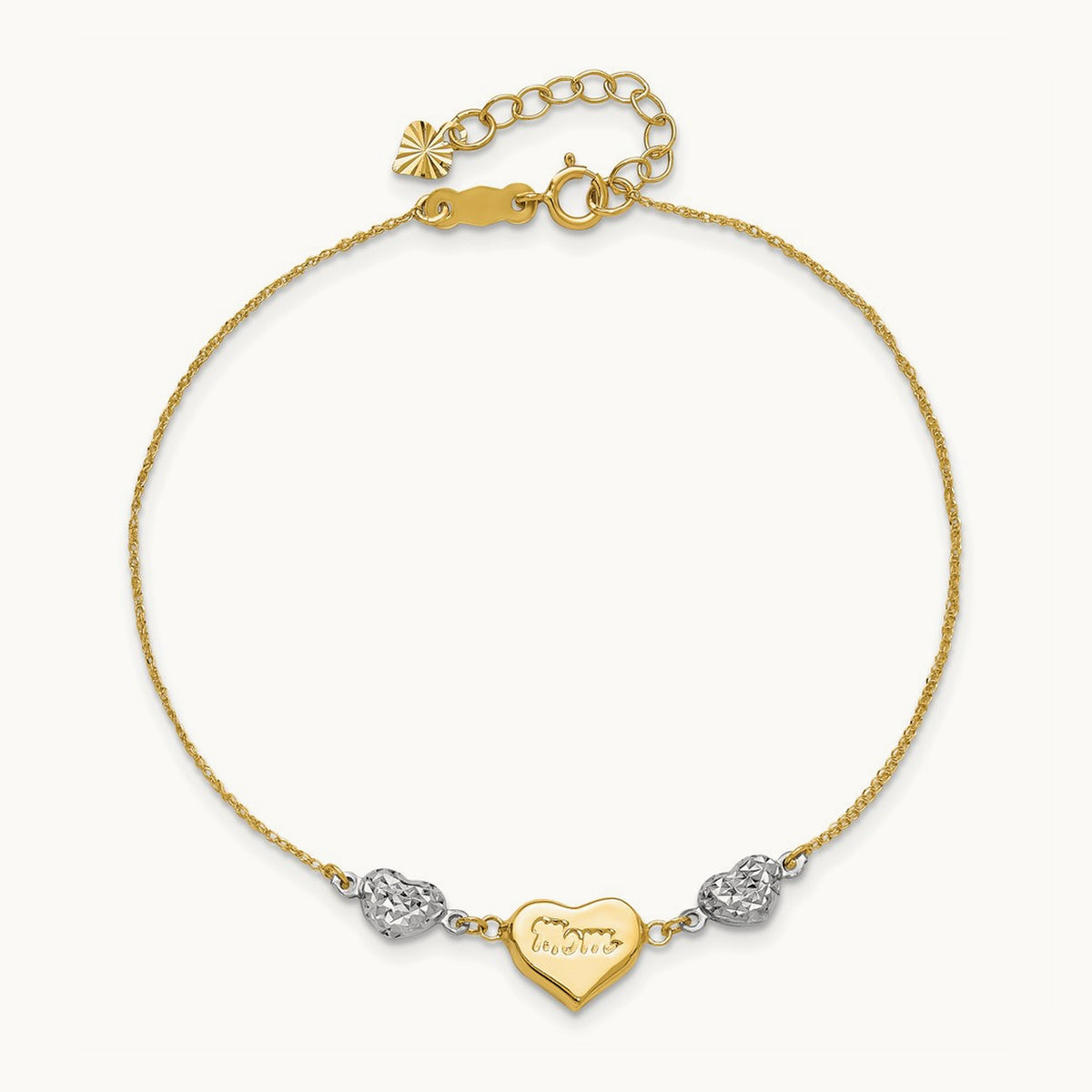 Puffed MOM Heart 7in w/ 1 In Ext Bracelet, 14K Two Tone