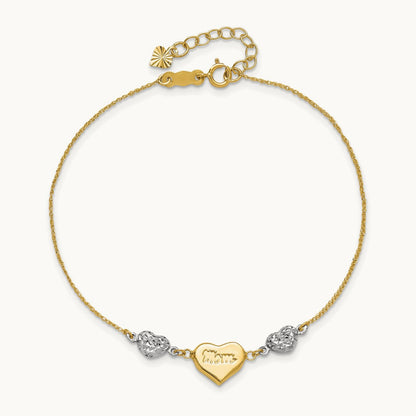 Puffed MOM Heart 7in w/ 1 In Ext Bracelet, 14K Two Tone